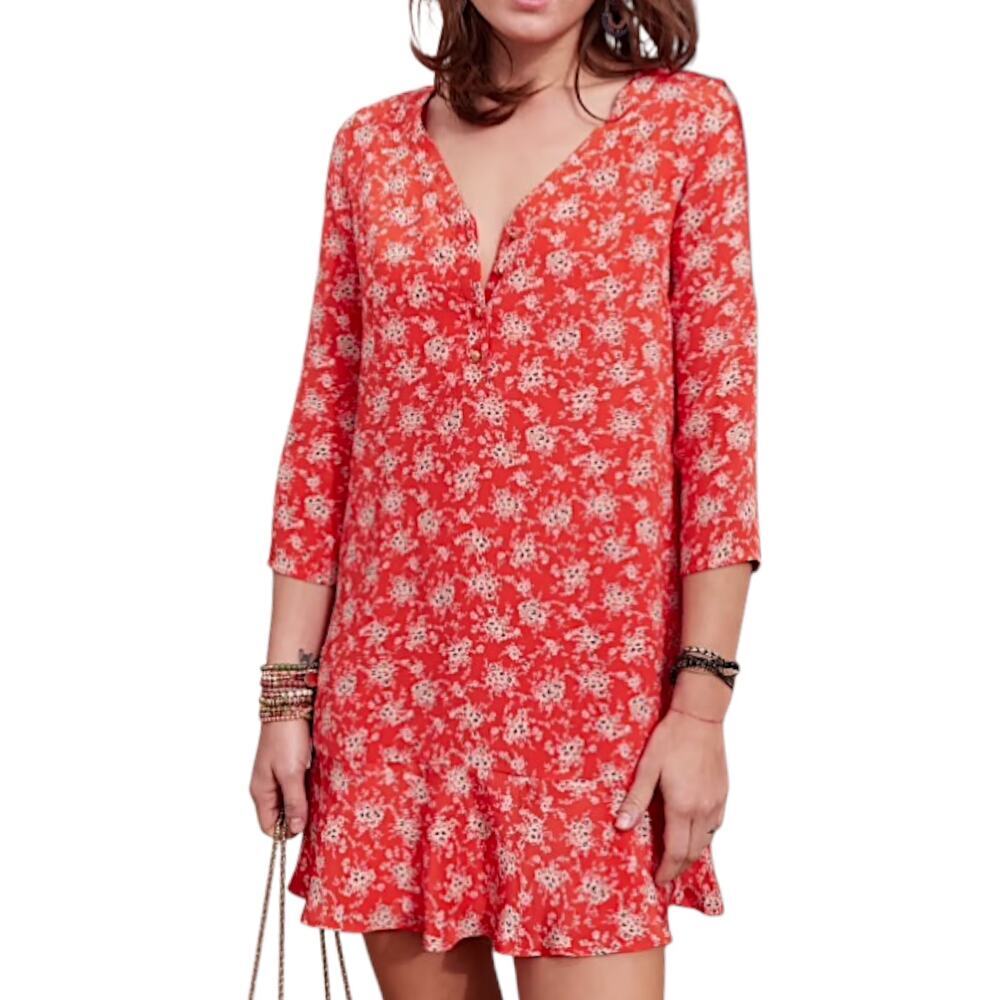 Sezane Women's Silk Floral Ruffle Mini Dress, Coral Orange, Red Size 38 FR, 6 US